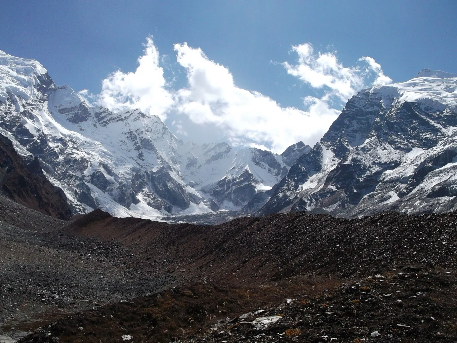 The snow face of Api Himal above a glacier valley in the far north-west.